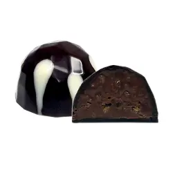 Bombón AVELLANA y COPOS DE MAÍZ. Un bombón que combina la dulzura natural del praliné de avellana y la divertida textura crujiente de los copos de maíz.