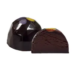 Bombón EARL GREY. Bombón intenso de chocolate negro con ganache sedosa, perfumada con notas cítricas y florales de bergamota y rosa, inspirada en el clásico té Earl Grey.