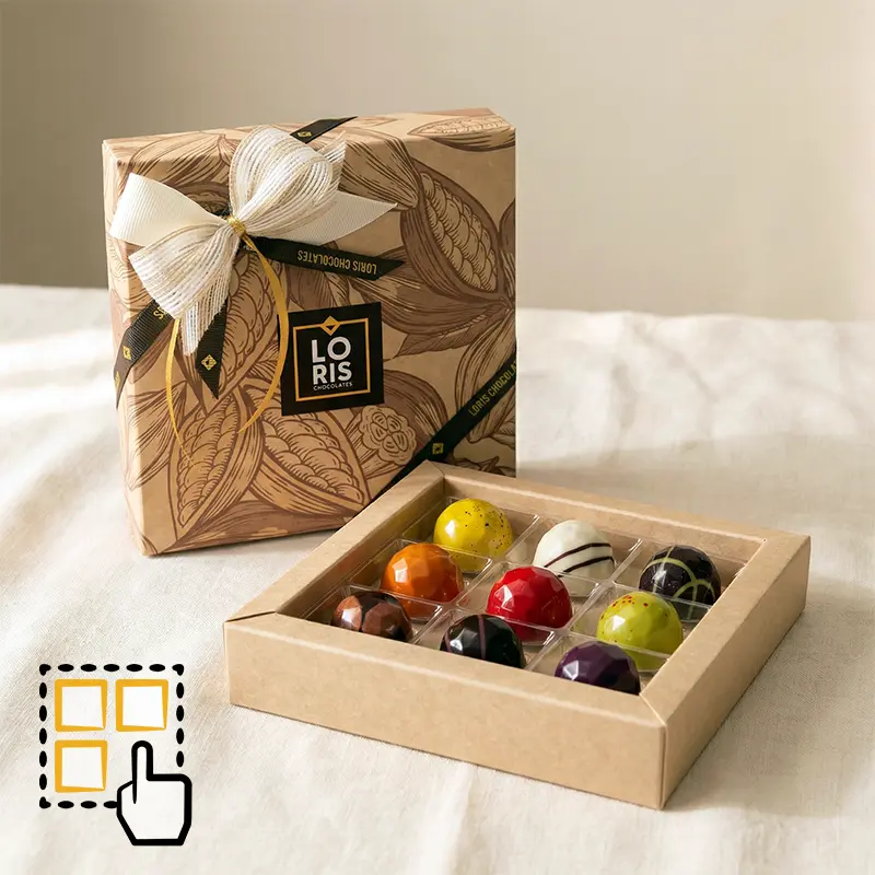 Caja 9 bombones artesanos creados en pequeñas tandas con los mejores ingredientes naturales, orgánicos y de comercio justo, sin lácteos, sin gluten.