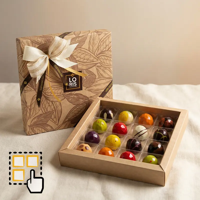 Caja 16 bombones artesanos creados en pequeñas tandas con los mejores ingredientes naturales, orgánicos y de comercio justo, sin lactosa, sin gluten.