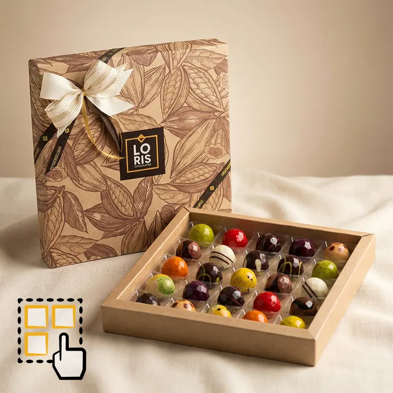 Caja 25 bombones artesanos creados en pequeñas tandas con los mejores ingredientes naturales, orgánicos y de comercio justo, sin lactosa, sin gluten.