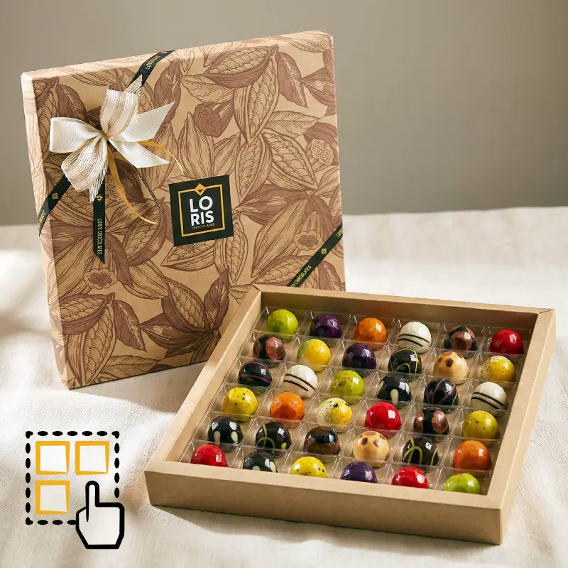 Caja 36 bombones artesanos creados en pequeñas tandas con los mejores ingredientes naturales, orgánicos y de comercio justo, sin lácteos, sin lactosa, sin gluten.