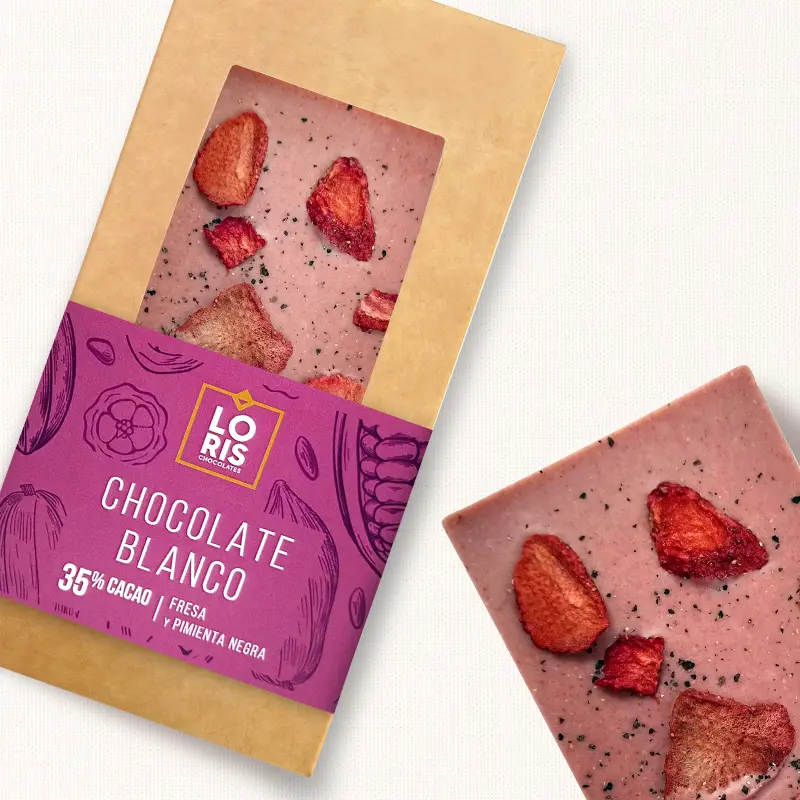 Chocolate blanco 35% vegano con fresa y pimienta negra