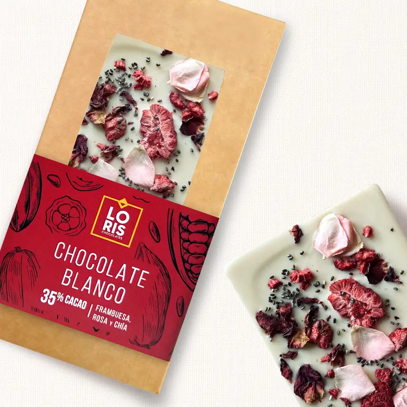 Chocolate blanco 35% vegano con frambuesa, rosa y chía