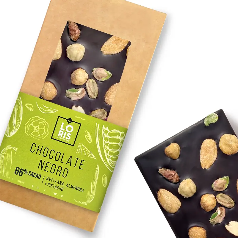 Chocolate negro 66% con avellana, almendra y pistacho