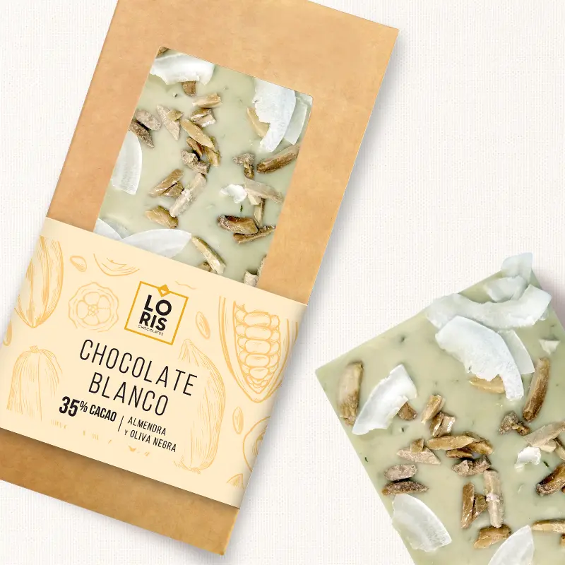 Chocolate blanco 35% vegano con lima, coco y almendra
